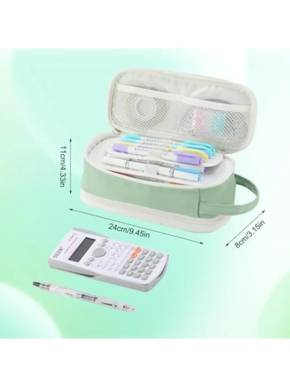 Stylish Large Green Pencil Case for Girls & Teens - Zipper Pouch for School